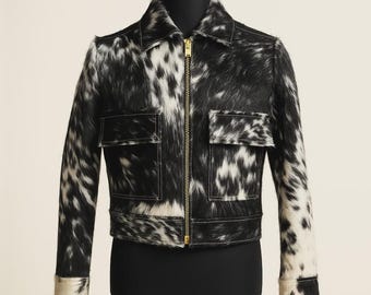Handmade Black White Cowhide Jacket Real Hair On Hide Leather Coat Men