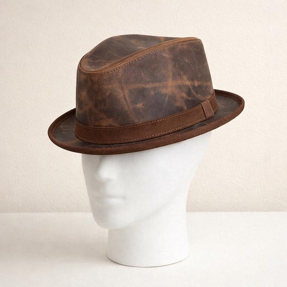 Handmade Distressed Brown Leather Fedora Hat Vintage Trilby Western Travel Gift