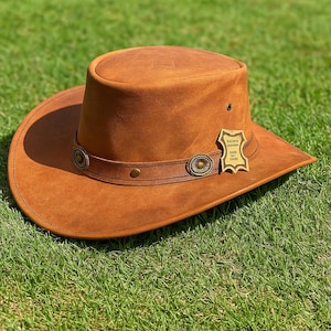 Handmade Brown Leather Cowboy Hat with Concho Band, Western Outback Style Hat, Vintage Ranch Hat, Gift for Him Outdoor Riding