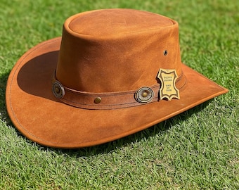 Handmade Brown Leather Cowboy Hat: Western Concho Band Rancher