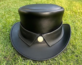 Handmade Black Leather Top Hat: Gothic Steampunk Cosplay, Mad Hatter Style