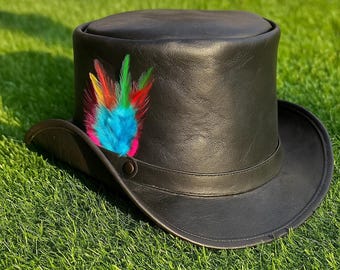 Handmade Black Leather Top Hat with Colorful Feathers Festival Steampunk Gothic Cosplay