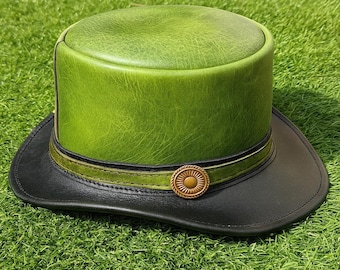 Handmade Green Leather Top Hat: Steampunk Gothic Cosplay