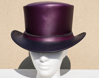 Handmade Purple Leather Top Hat, Black Brim Steampunk Victorian Festival And Halloween costume Hat