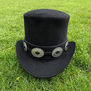 Handmade Suede Leather Steampunk Top Hat: Concho Band, Cosplay Western Hat