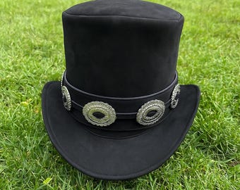 Handmade Suede Leather Steampunk Top Hat: Concho Band, Cosplay Western Hat