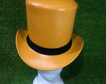 Handmade Yellow Leather Top Hat, Black Band Festival Victorian Costume Style