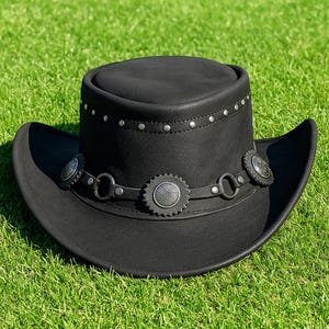 Handmade Black Leather Top Hat Concho Studded Band Western Steampunk Gothic Cowboy Cosplay Hat Festival Gift for Him Her