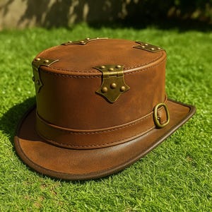 May include: A brown leather top hat with brass accents. The hat features a cylindrical crown, a wide brim, and a strap with a buckle. The corners of the hat are reinforced with brass plates, and the top has a brass hinge.