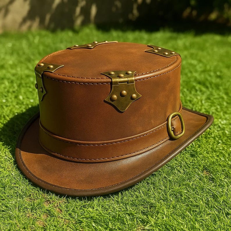 May include: A brown leather top hat with brass accents. The hat features a cylindrical crown, a wide brim, and a strap with a buckle. The corners of the hat are reinforced with brass plates, and the top has a brass hinge.