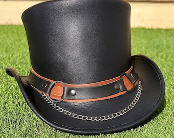Black Steampunk Leather Top Hat Handmade Victorian Gothic Cosplay Accessory
