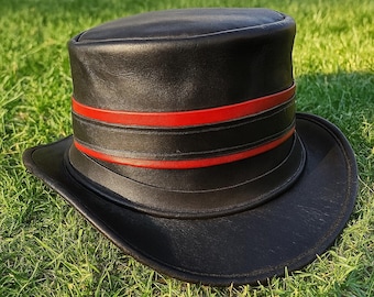 Handmade Black Leather Top Hat with Red Stripe Rocker Steampunk Gothic Festival Wear