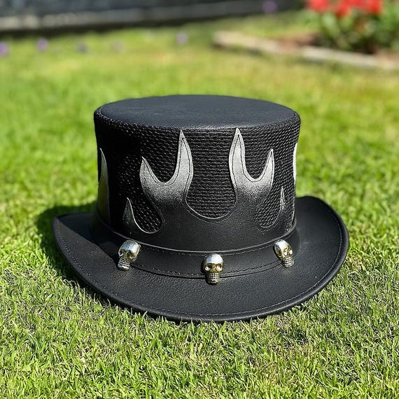 Handmade Black Leather Top Hat With Flame Design and Skull Gothic