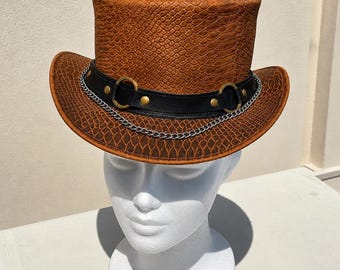 Handcrafted Brown Leather Top Hat With Textured Pattern And Steampunk Chain Detail