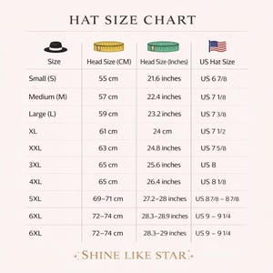 May include: A hat size chart titled HAT SIZE CHART with columns for Size, Head Size in CM, Head Size in Inches, and US Hat Size. It lists sizes from Small to 6XL with corresponding measurements and includes the text SHINE LIKE STAR at the bottom.