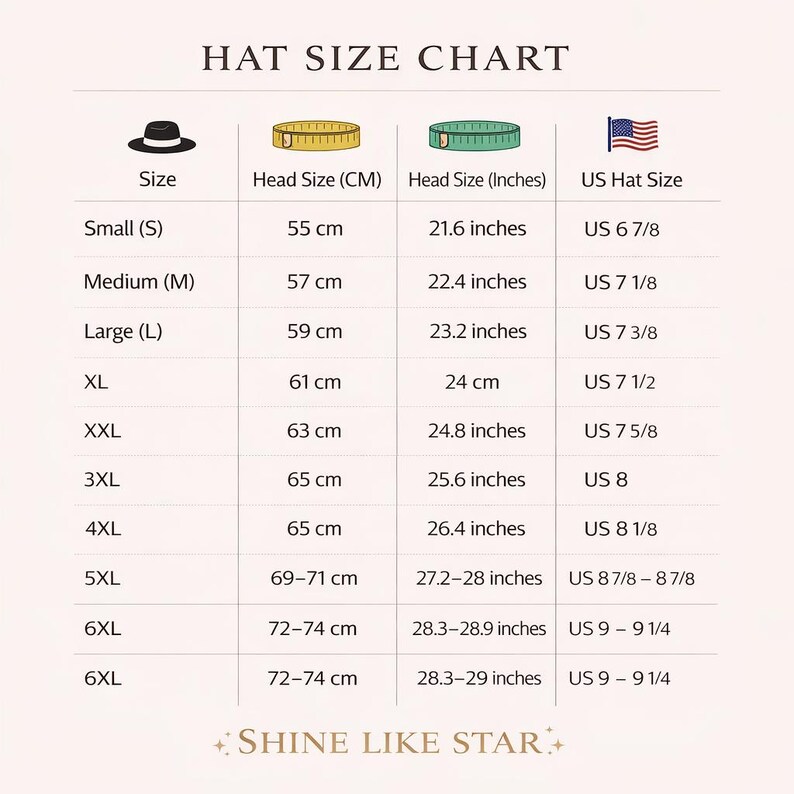 May include: A hat size chart titled HAT SIZE CHART with columns for Size, Head Size in CM, Head Size in Inches, and US Hat Size. It lists sizes from Small to 6XL with corresponding measurements and includes the text SHINE LIKE STAR at the bottom.