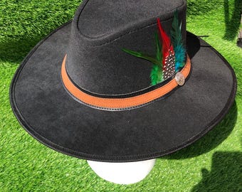 Black Suede Cowboy Hat with Feathers, Handmade Western Hat