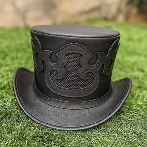 Handmade Black Leather Top Hat for Men Stylish Embossed Steampunk Hat Gothic Victorian Costume Cosplay Hat Birthday Gift for Him