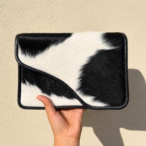 Cowhide Crossbody Bag Black White Leather Purse Western Hair On Hide Clutch