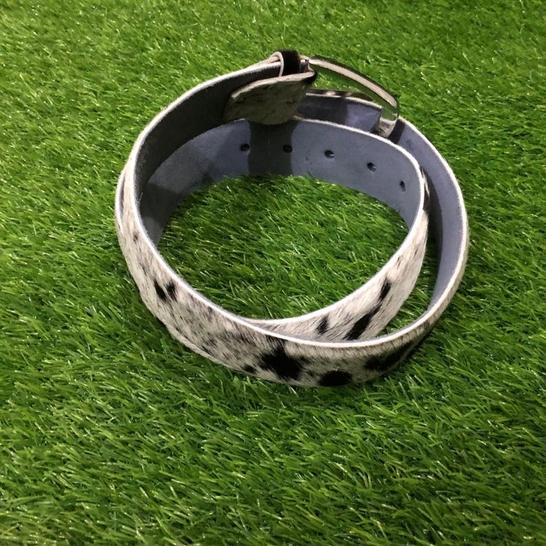 May include: A cowhide belt with a silver-tone buckle. The belt features a black and white spotted pattern on the exterior and a light blue interior. The belt is coiled on a green surface.