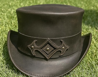 Handmade Black Leather Top Hat Steampunk Victorian Gothic Costume Hat Renaissance Festival Cap