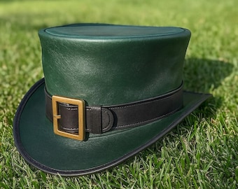 Handmade Green Leather Top Hat: Steampunk Cosplay, St. Patrick's Day