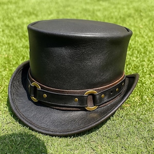 Handmade Black Leather Top Hat Rustic Studded Band Western Biker Gothic Steampunk Hat for Men Festival Cosplay Gift for Him or her