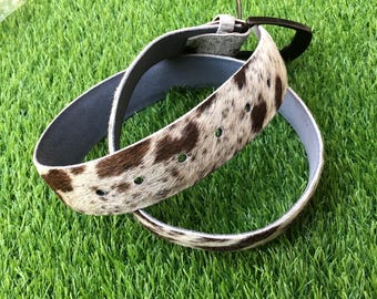 Real Brown and White cowhide leather belt hair on hide handmade western rustic blet