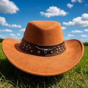 May include: A brown cowboy hat with a wide brim and a decorative leather band. The band is adorned with small, round studs and a silver-colored bull skull emblem. The hat is set against a backdrop of green grass and a blue sky with clouds.