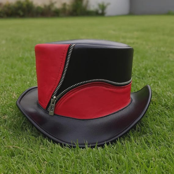 Handmade Red and Black Leather Top Hat – Steampunk Zipper  display picture 1