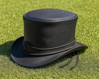 Handmade Black Leather Top Hat Classic Steampunk Gothic Victorian Festival Cosplay Costume Style