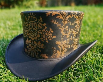 Black Gold Top Hat, Steampunk Victorian Hat, Gothic Cosplay Curved Brim Costume Headwear