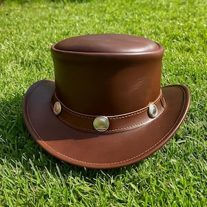 Handmade Brown Leather Top Hat: Steampunk Western Concho Band