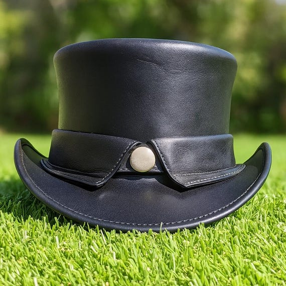 Handmade Black Leather Top Hat With Button Classic Style for