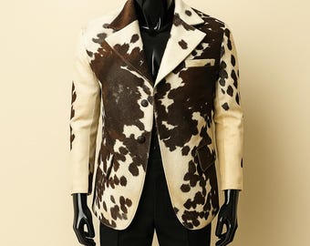 Handmade Cowhide Leather Jacket Men Western Coat Natural Cow Print Outerwear