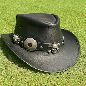 Handmade Black Leather Cowboy Hat with Skull Band Steampunk Gothic Rock Festival