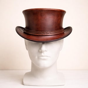 Handmade Rustic Brown Leather Top Hat Braided Band Vintage Gothic Steampunk Gift