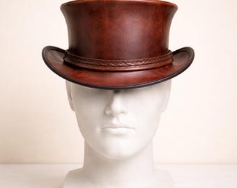 Handmade Rustic Brown Leather Top Hat Braided Band Vintage Gothic Steampunk Gift