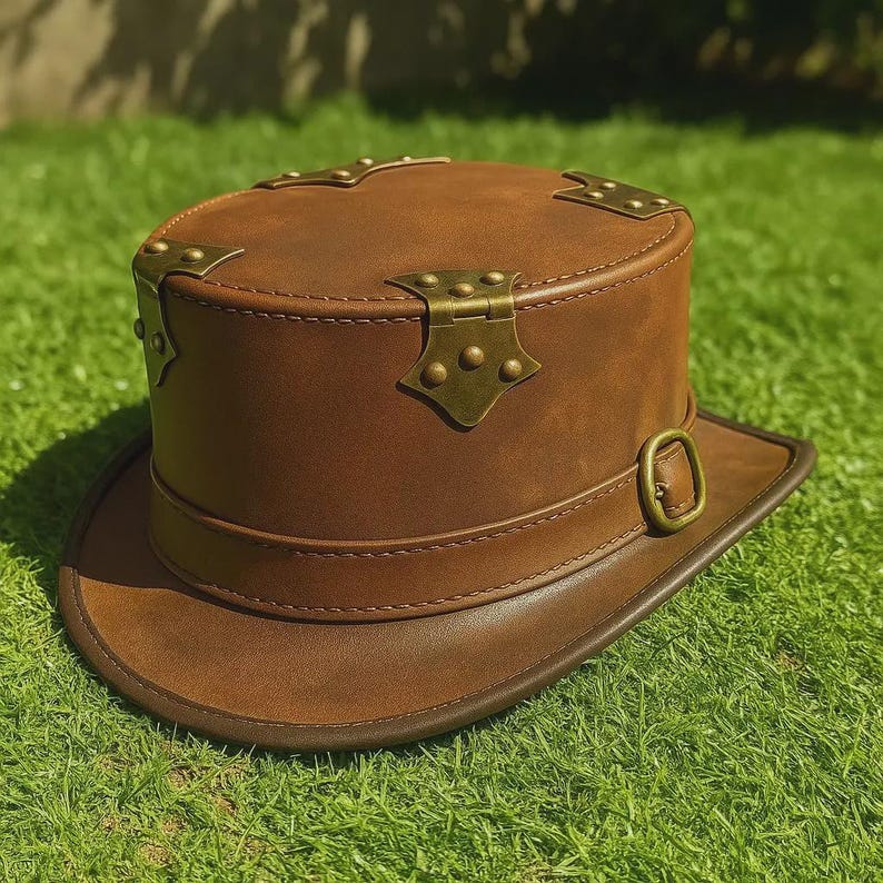 May include: A brown leather top hat with brass-colored hardware. The hat features a cylindrical crown, a wide brim, and decorative metal accents. The hat has a buckle on the side and is set against a green grass background.
