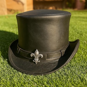 Handmade Black Leather Top Hat with Badge, Steampunk Victorian Costume Hat for Men, Gothic Cosplay Hat Birthday Gift