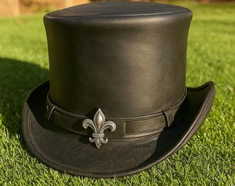 Handmade Black Leather Top Hat with Fleur De Lis Gothic Steampunk Victorian Style