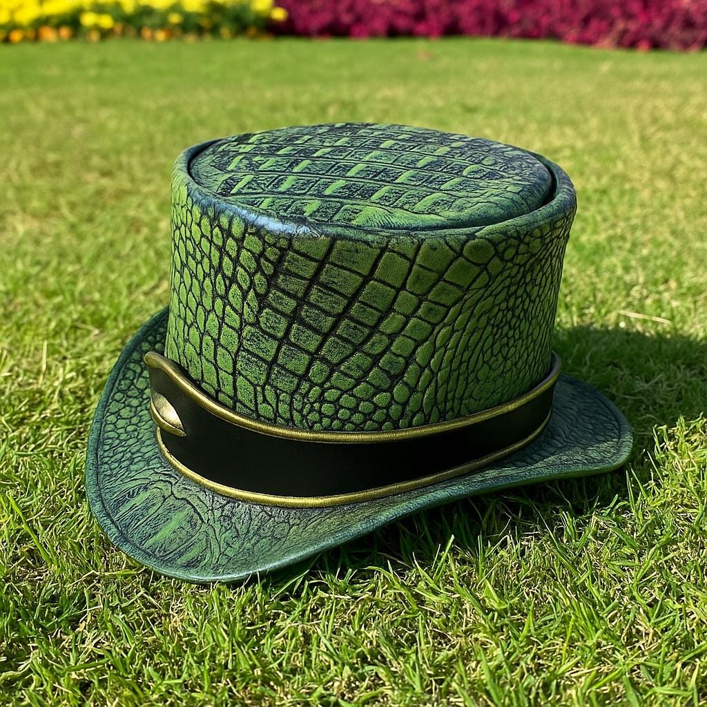 Handmade Green Crocodile Leather Top Hat Steampunk Festival Cosplay Gothic Costume Wear