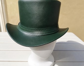 Handmade Green Leather Top Hat, Festival Victorian Steampunk Style Unique Costume
