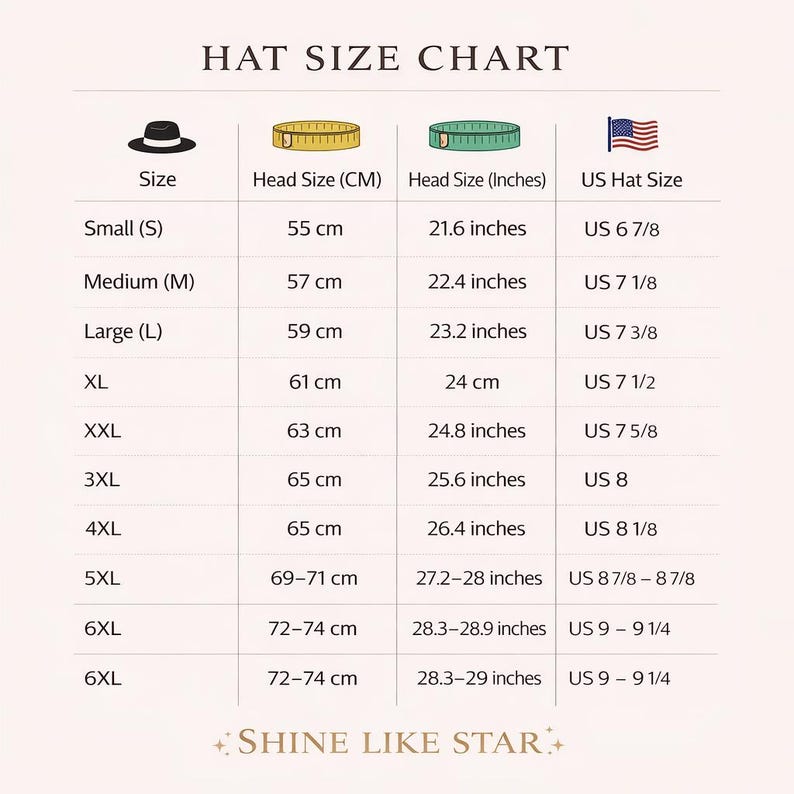 May include: A hat size chart with measurements in centimeters and inches, and corresponding US hat sizes. The chart includes sizes from Small (55 cm, 21.6 inches, US 6 7/8) to 6XL (72-74 cm, 28.3-29 inches, US 9-9 1/4).