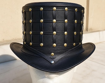 Handmade Black Leather Top Hat Studded Steampunk Hat Gothic Festival Style