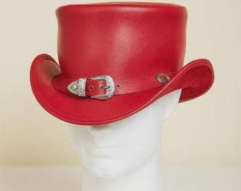 Handmade Red Leather Top Hat With Buckle Steampunk Festival Cosplay Gift