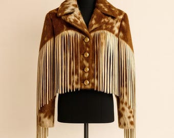 Handmade Western Fringe Cowhide Jacket Tan Real Leather Hair-On Hide Rodeo Coat