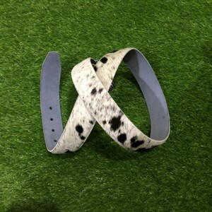 May include: A white and black cowhide belt with a light blue underside. The belt is curled and has a classic buckle design. The belt is on a green surface.