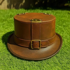 May include: A brown leather top hat with a wide brim and a cylindrical crown. The hat features a leather band with a brass buckle and decorative brass accents. The hat is set against a green grass background.