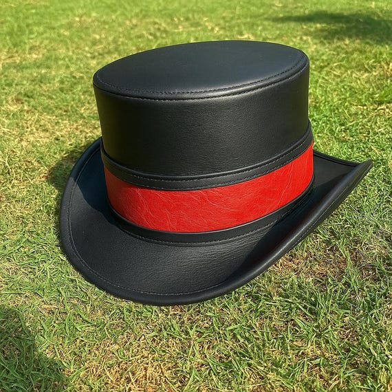 Handmade Black Leather Top Hat: Red Snakeskin Band  display picture 3